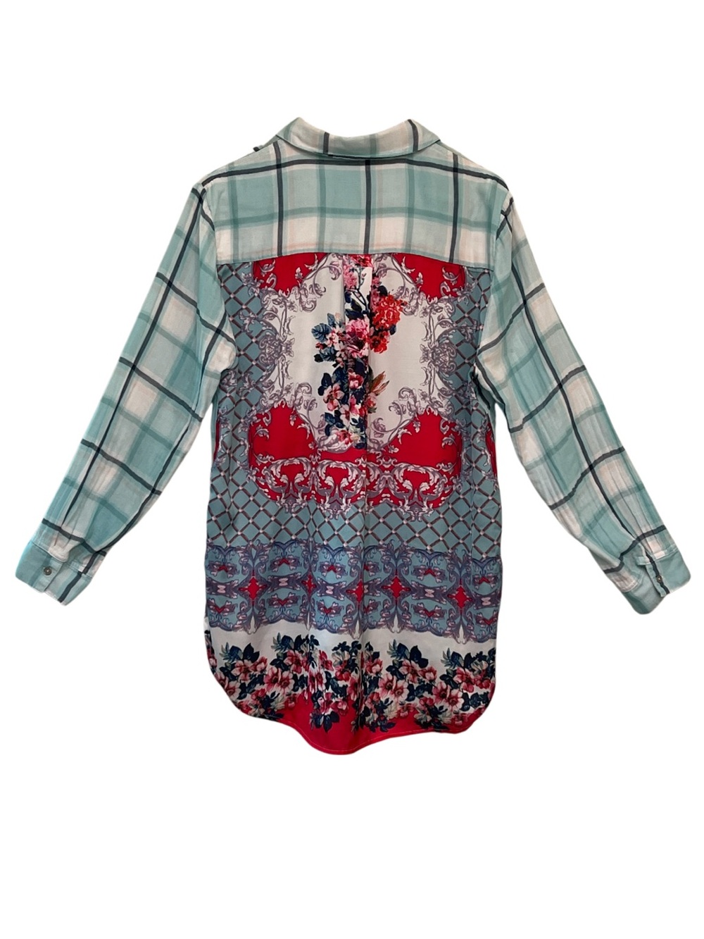 Tribal Jeans Plaid Mixed Media Floral Print Button-Down Shirt Large
